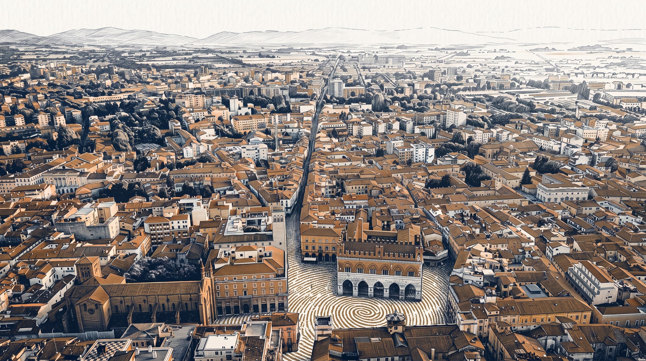 Piacenza vista dall'alto, incisione